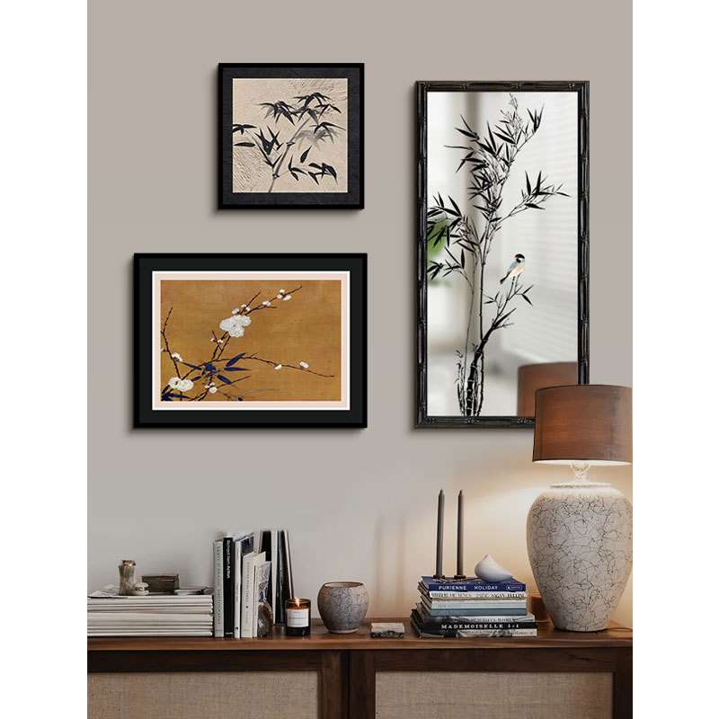墨竹镜子装饰画法式中国风客厅组合挂画中古花鸟书房卧室镜面挂画