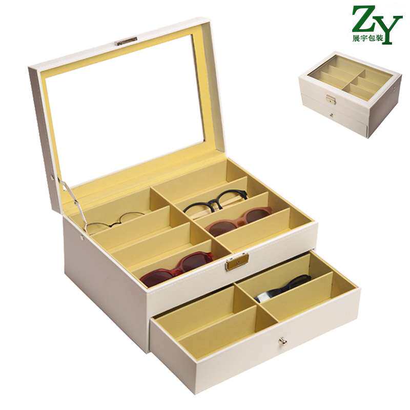 白色pu皮双层木质16格眼镜盒跨境天窗透明太阳眼镜收纳盒厂家现货