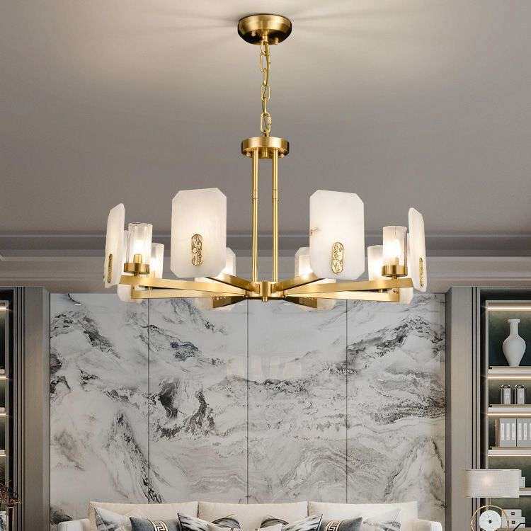新中式全铜云石吊灯客厅灯别墅复式楼卧室餐厅灯复古大气高档灯具
