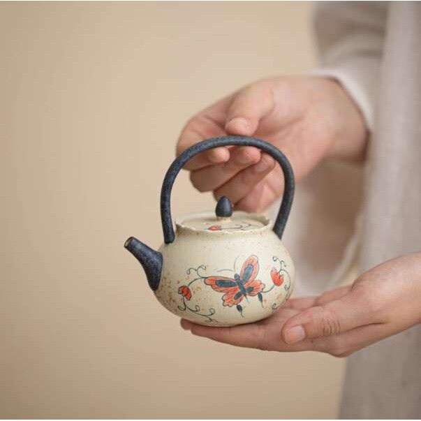 提梁壶青花火石红釉下彩手绘彩蝶陶瓷茶壶女士家用过滤泡茶器单壶