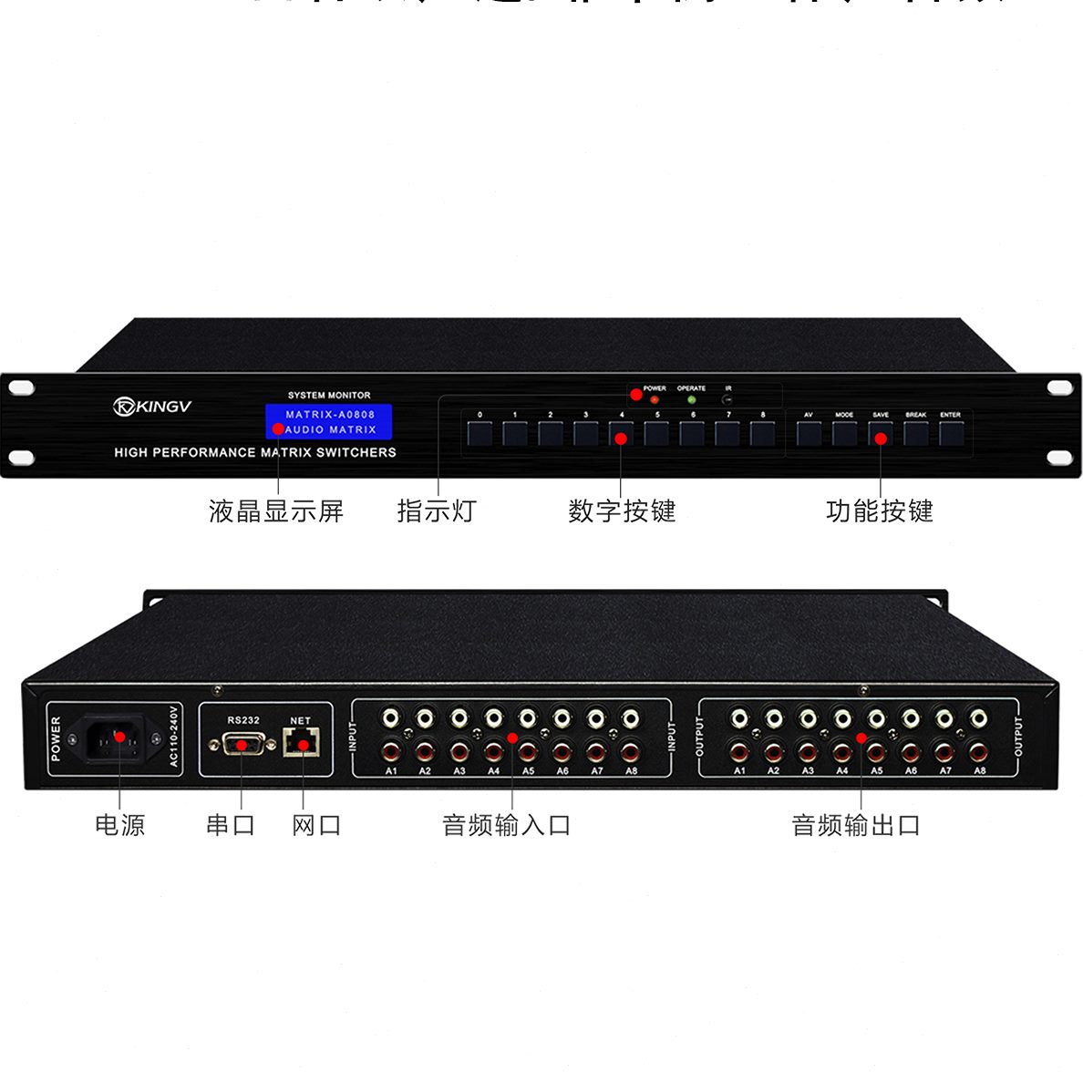 进遥控双0支持立体8声道音频88切换器串口A8矩阵声*出 8x带会议80
