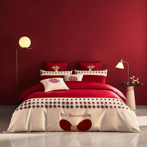 100支长绒棉结婚四件套全棉婚庆大红新婚房嫁礼高端床上用品纯棉4