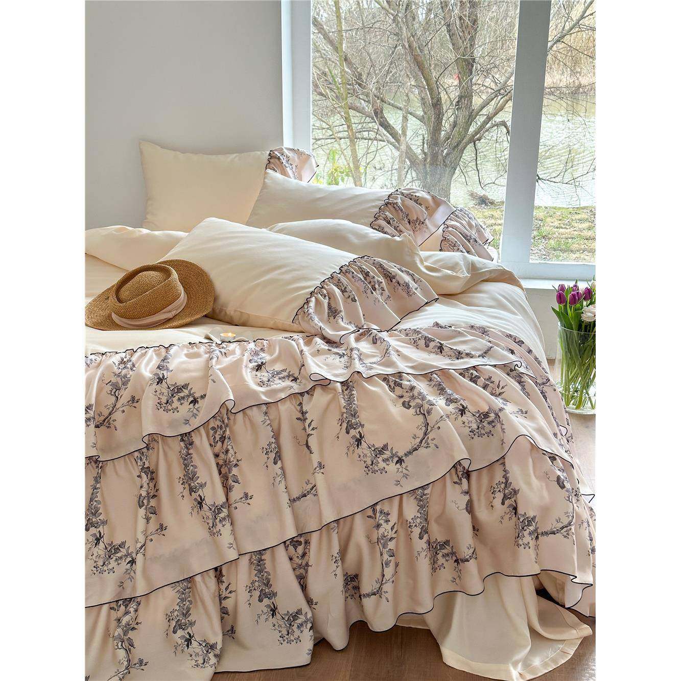 奥地利进口80支双面天丝四件套水墨画风景花边被套床上冰丝套件