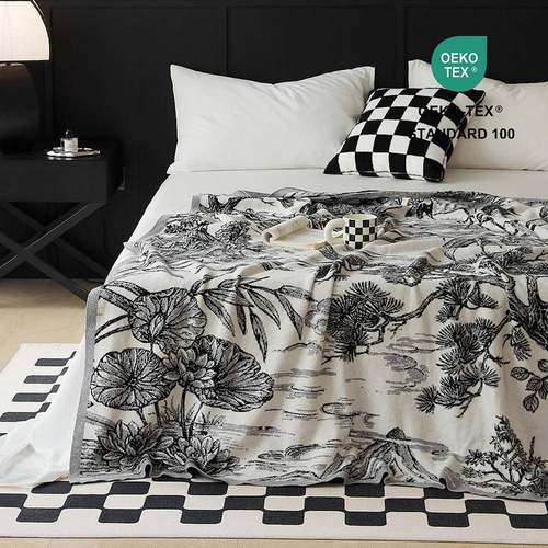 新国风山水仙鹤图轻奢柔软大尺寸针织盖毯 办公室午休毯盖毯 拍照