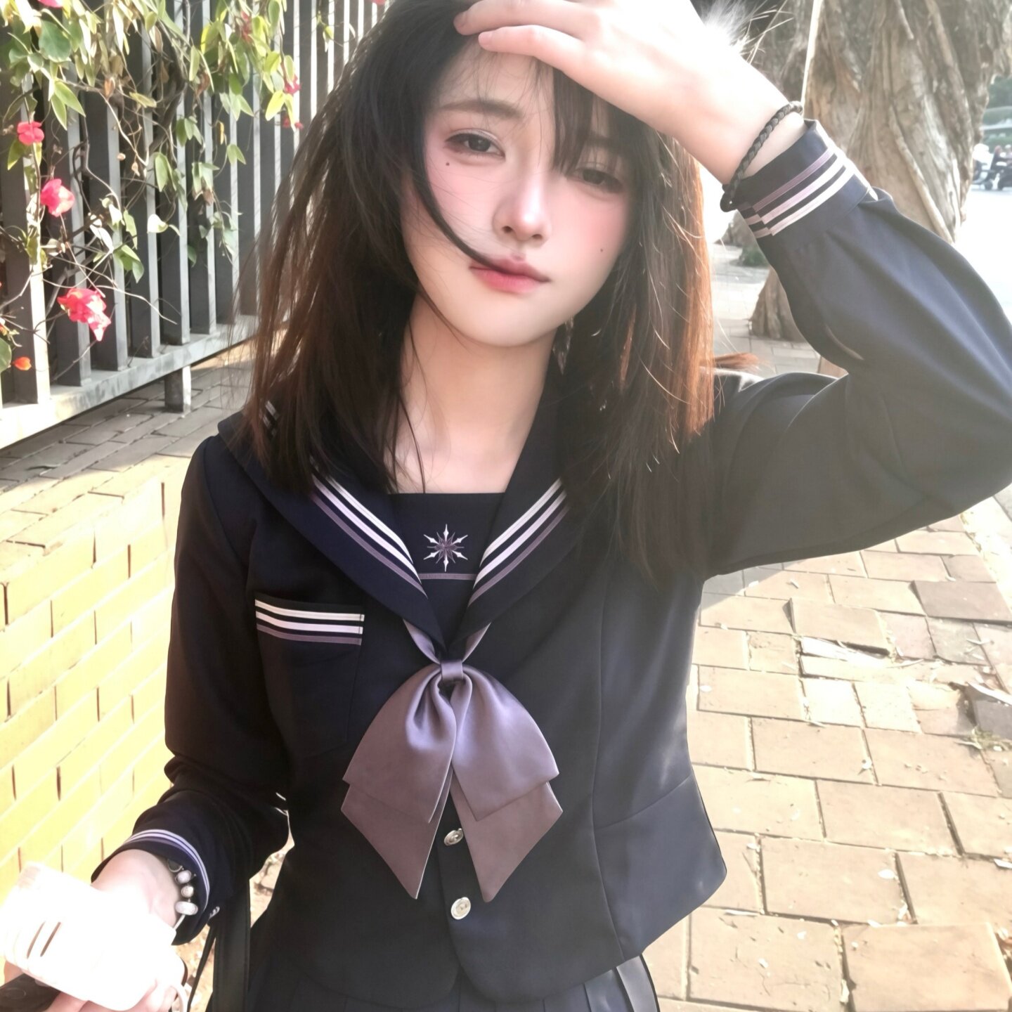 暖心熊【雪堇】紫色正版长袖收腰水手服原创jk制服学院风套装女