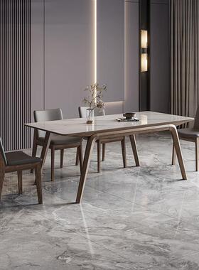 实木岩板餐桌白蜡木现代简约北欧轻奢进口白色亮光岩板餐桌长方形