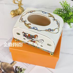 欧式H家轻奢创意马图小号陶瓷纸巾盒家用办公抽纸收纳盒