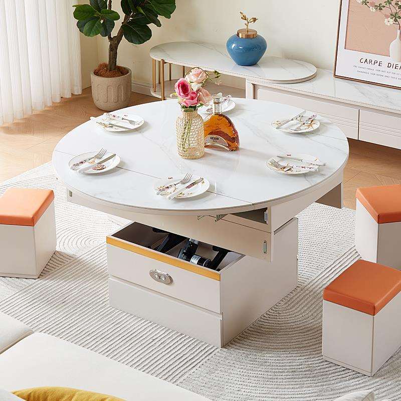 新款多功能电动升降茶几餐桌两用小户型折叠伸缩方变圆桌岩板茶几