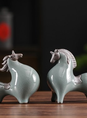 招财唐马摆件陶瓷动物中式客厅玄关酒柜博古O架装饰办公室桌面摆