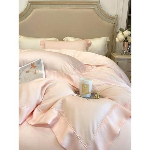 轻奢风双面莱赛尔四件套简约纯色宽边被套凉感春夏床上用品1.8米