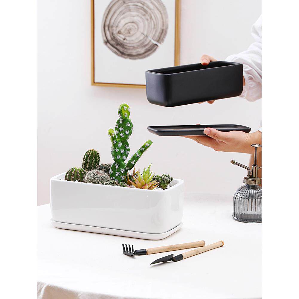 陶瓷花盆长方形2025新款办公室桌面多肉仙人掌带托盘简约盆栽容器