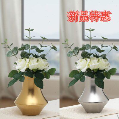 轻奢家居餐桌酒柜电视柜装饰品摆件简约陶瓷电镀金色花瓶花插花器