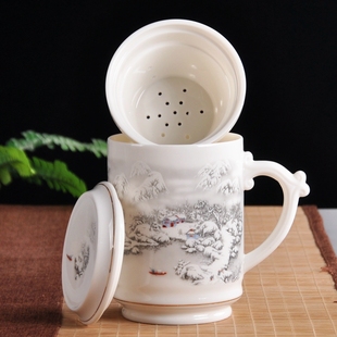 陶瓷三件带内胆泡茶直n身杯会议室办公茶杯有过滤带盖水杯定制LOG
