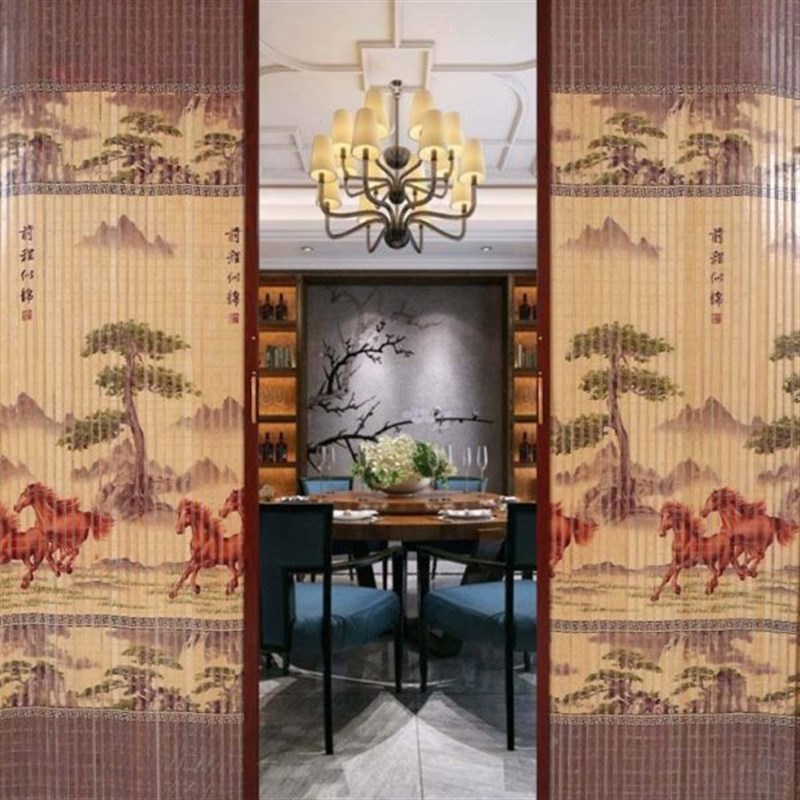 竹移门推拉门帘折叠门竹帘窗帘卷帘印花遮光隔断简易门Z竹帘子门