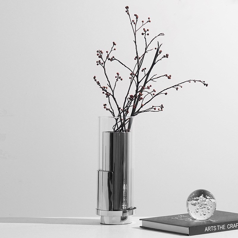 轻奢金属玻璃立体艺术花瓶摆件y样板间售楼处客厅书房干插花器摆