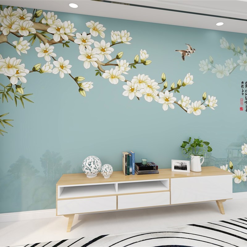 中式花鸟电视背景墙壁纸3d立体墙纸客G厅卧室定制壁画网红影视墙