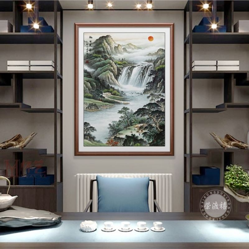 旭日东升挂画新中式山水画办公室东墙背有靠山茶室高山流水风景画