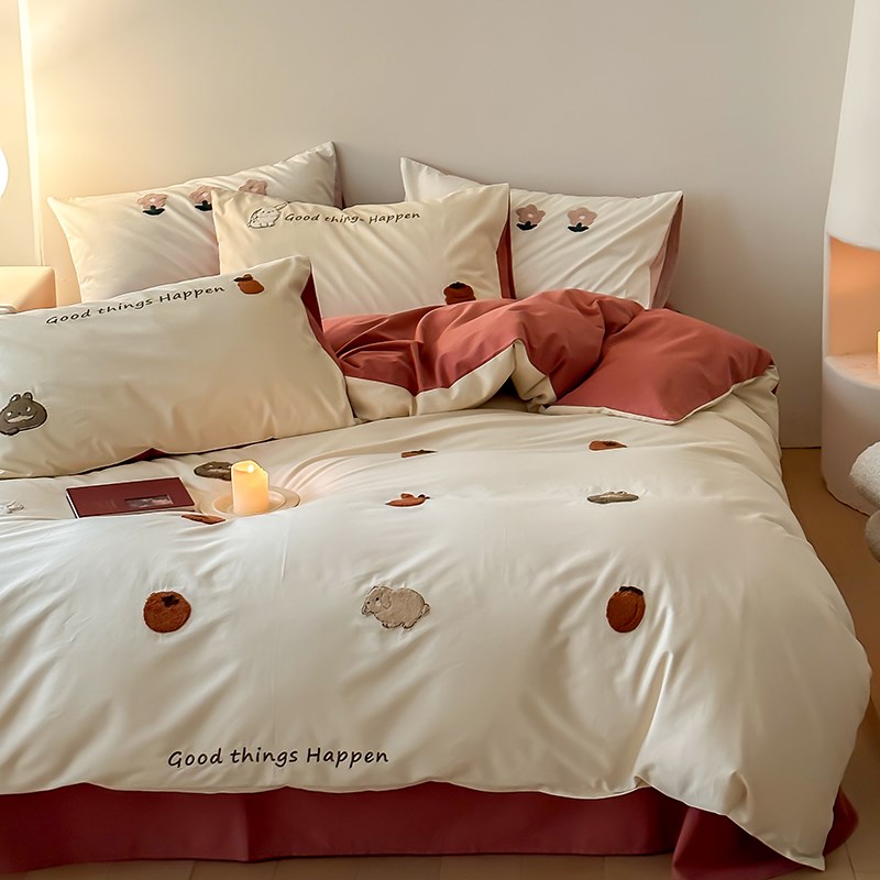 好柿发生~丨精致可爱卡通毛巾绣 冬季100支磨毛长绒棉纯棉四件套