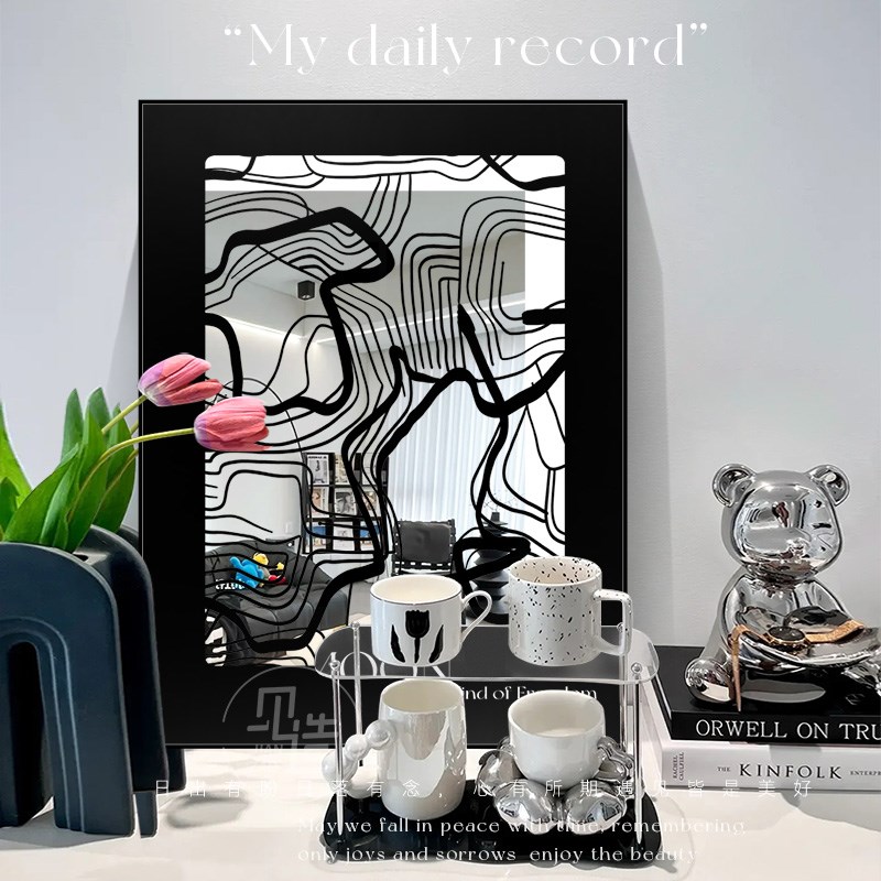 黑白极简卧室床头挂画抽象艺术条纹客厅挂画ins玄关柜子桌面摆画