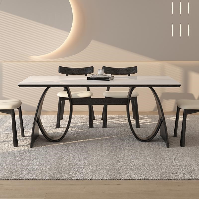 德利丰岩板餐桌家用小户型黑色奶油中古风高级感长方形全托饭桌子