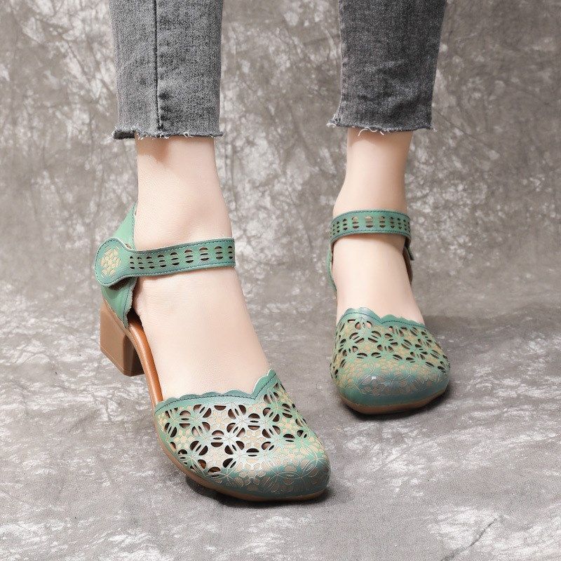 夏季新款包头凉鞋女百搭一字扣中空圆头中跟粗跟小皮鞋镂空妈妈鞋,女鞋,一字带凉鞋,淘宝优惠券,粉丝福利购,淘宝优惠卷