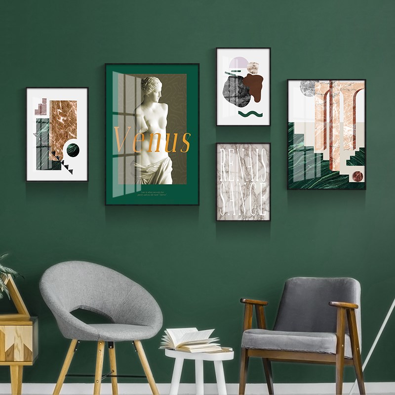 小众客厅餐厅背景墙装饰画墨绿色抽象几何雕像挂画后现代样板壁画
