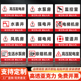 亚克力消防水泵房配电房有电危险强弱电间管道井电梯机房排烟机房水电表井设备运行门牌温馨提示牌子定制