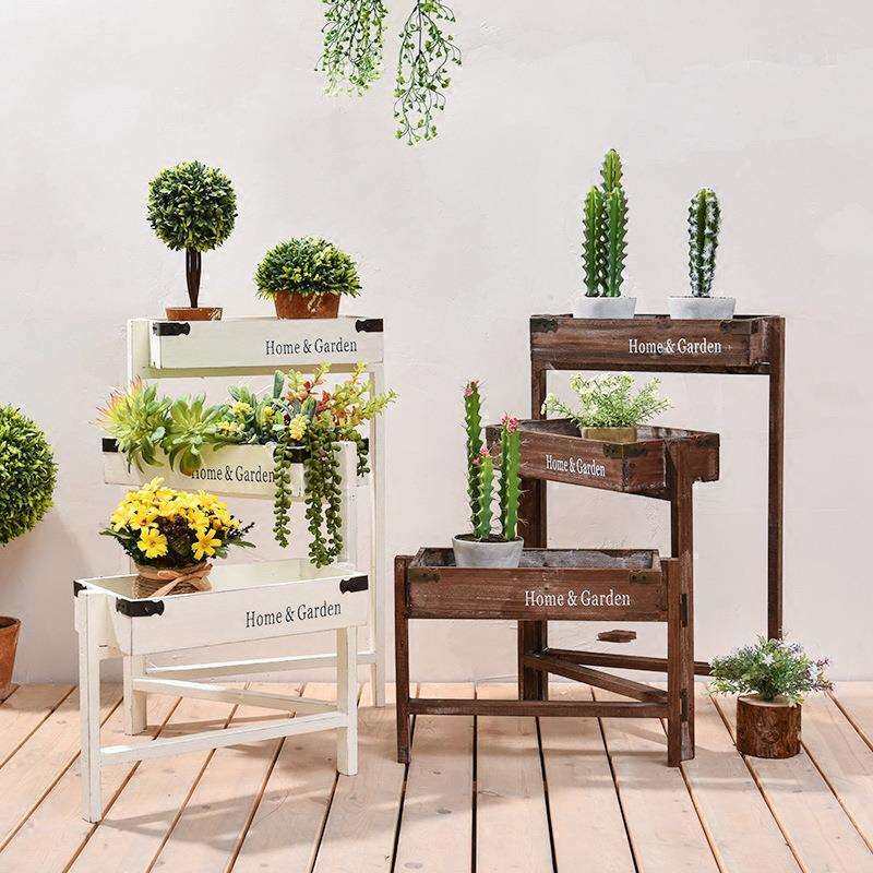 美式复古阶梯木质屏风收纳装饰花架咖啡厅服装店铺橱窗阳台摆设品