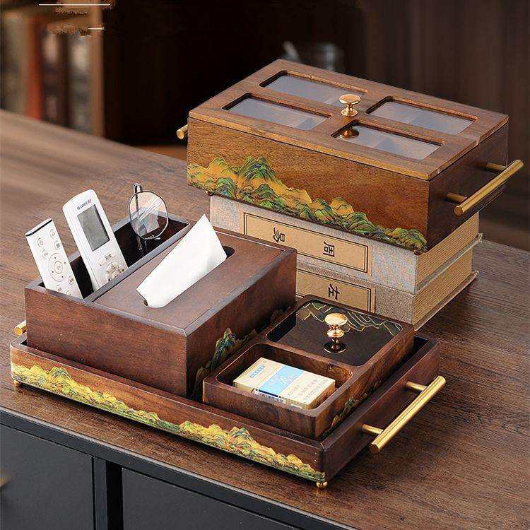 黑胡桃色纸巾盒客厅轻奢茶几抽纸盒实木新中式家用餐巾纸盒收纳盒