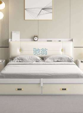 fLE白色轻奢气动高箱储物床现代简约卧室收纳小户型1.2米1.8米双