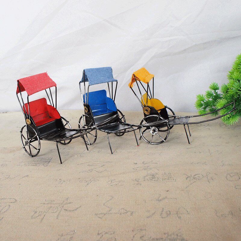 人力车手工金属电焊黄包车v模型车夫家居装饰品摆件简易中式复古