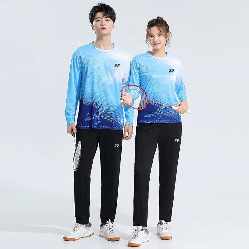 YY羽毛球服套装上衣男女款运动训练比赛透气圆领长袖长裤两件套