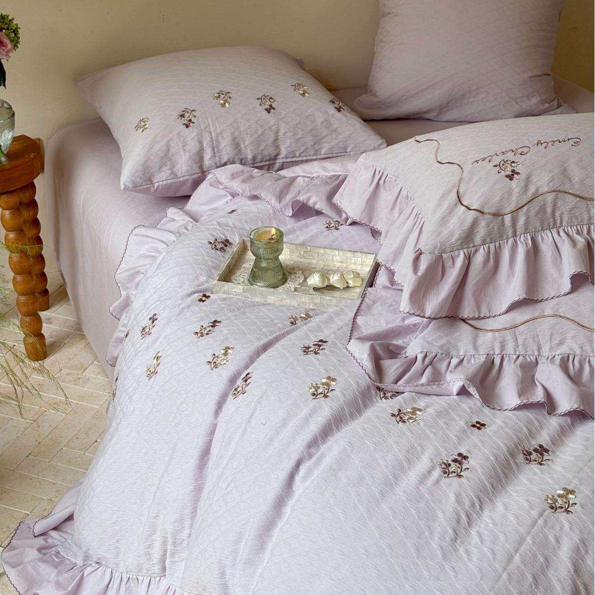法式公主风全棉打褶双层纱四件套花卉刺绣荷叶花边被套高端床品