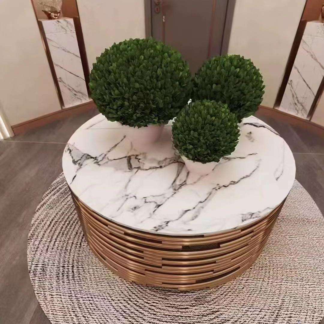 轻奢茶几意式不锈钢设计师圆形茶几简约小户型客厅家用大理石茶桌