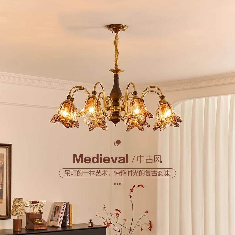 法式中古客厅吊灯美拉德琥珀光2025新款复古实木主卧室餐厅玻璃灯