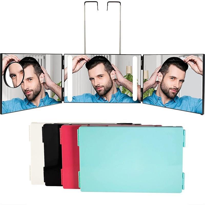 跨境新款家用可伸缩悬挂带灯三面镜折叠led化妆镜男士理发镜