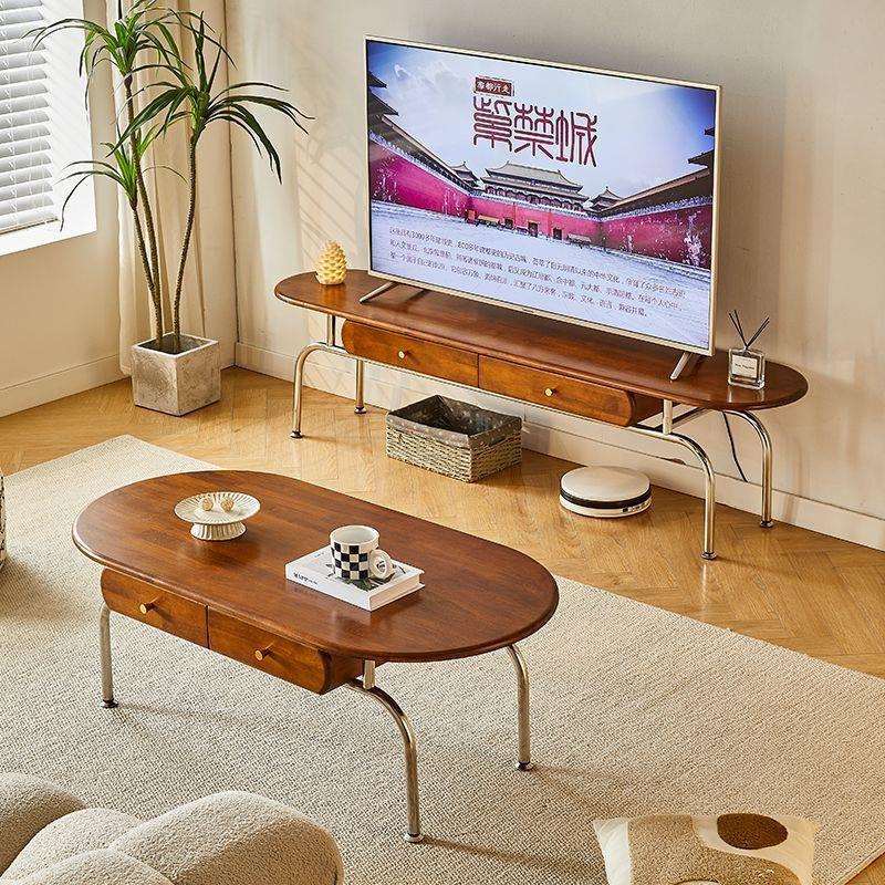 中古实木茶几电视柜组合法式复古极简家用客厅靠墙收纳储物柜一体