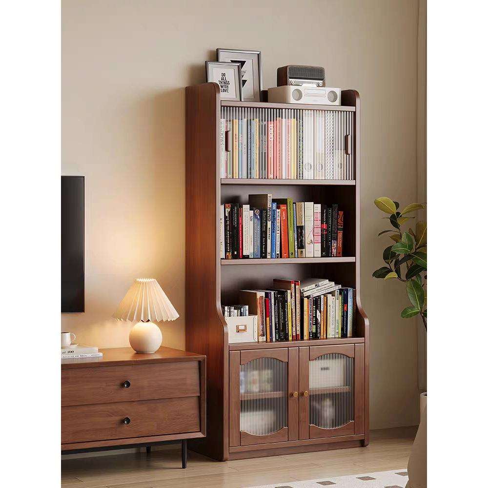 实木书柜储物柜一体家用客厅靠墙展示柜书架落地置物架带玻璃柜门