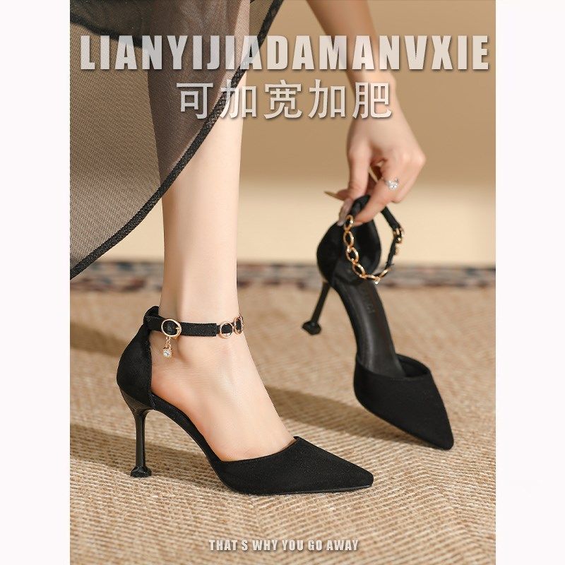 一字带尖头细跟高跟鞋大码41一43中空单鞋脚宽脚肥夏季包头凉鞋女,女鞋,一字带凉鞋,淘宝优惠券,粉丝福利购,淘宝优惠卷
