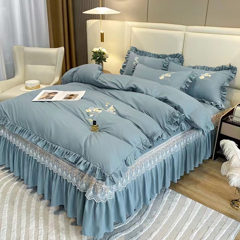 欧式公主风全棉纯棉蕾丝边床裙四件套被套床罩床上用品网红简约裸