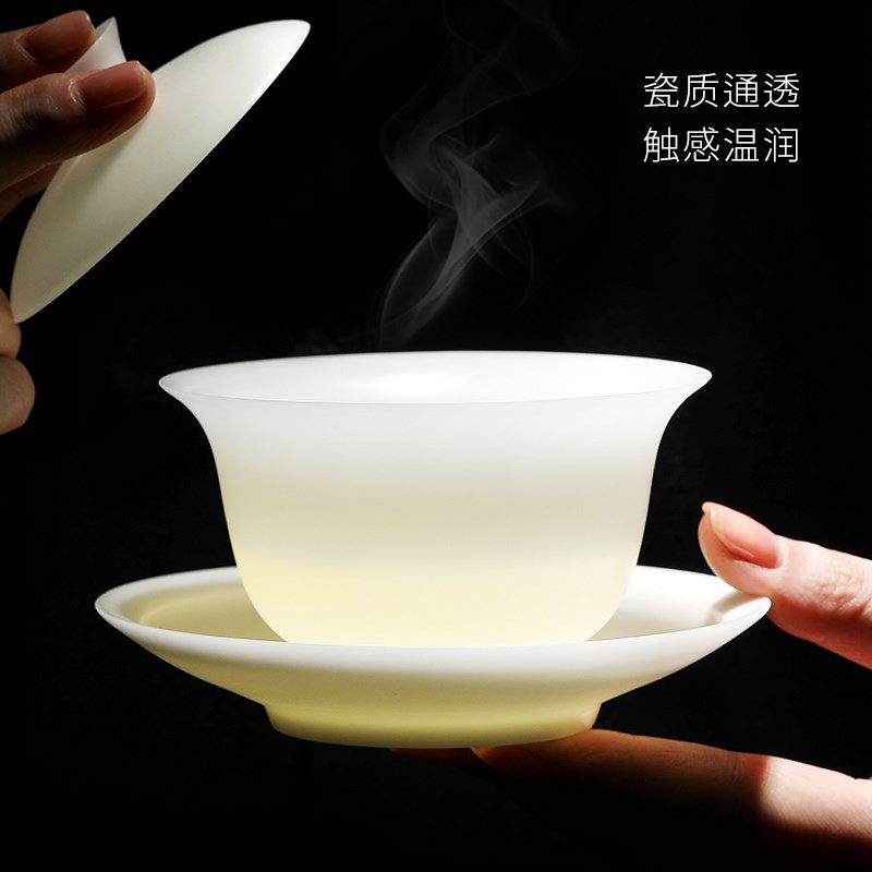 妙莲天香冰玉盖碗薄胎冰种玉瓷纯色白瓷茶杯单个泡茶茶碗带盖