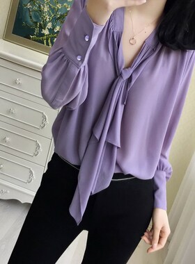 垂感雪纺衬衫女设计感小众轻熟韩版大宽I松薄款香芋紫色衬衣女韩