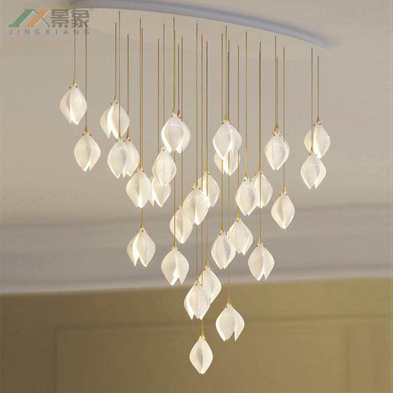 北欧现代简约客厅灯复式楼梯长吊灯别墅中空卧室床头陶瓷玉兰花朵