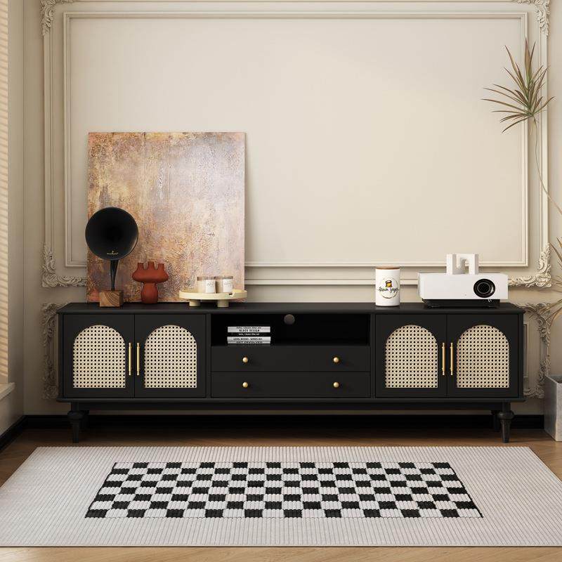 北欧中古实木藤编电视柜法式客厅复古高脚地柜储物柜家用视听柜子