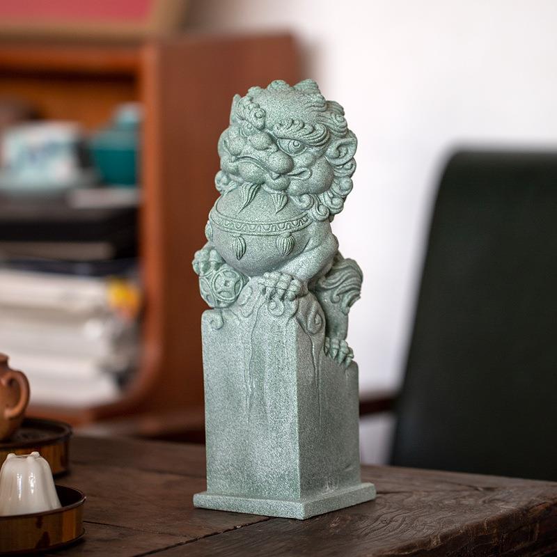 陶怡 青砂石雄狮招财摆件 中式国潮逗兽记麒麟纳福茶宠鱼缸造景