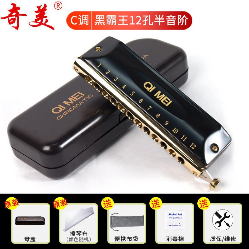 奇美半音阶口琴12孔48音 16孔64音黑霸王 口琴QM12A成人演奏乐器