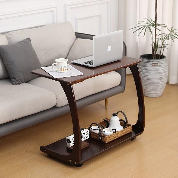 胡桃色实木边几沙发旁桌子客厅茶几办公桌面滑轮可移动家用小桌子