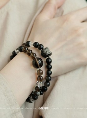 S925银黑g曜石白色水晶方形旧型珠子黄水晶狮子觉醒熊弹性手炼