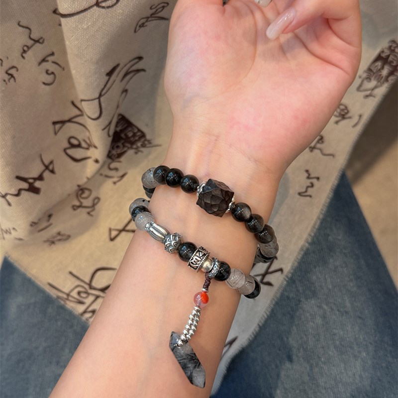 定制S925银Dzi珠溅墨山黑曜A石黑色头发水晶黑檀木浮花南红手炼