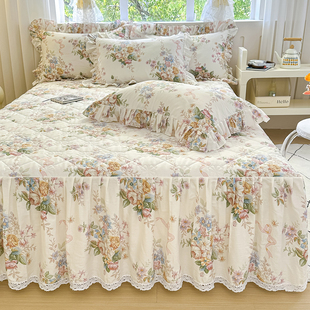 法式小碎花全棉夹棉床裙单件公主风遮丑下摆纯棉床笠罩带裙边床单